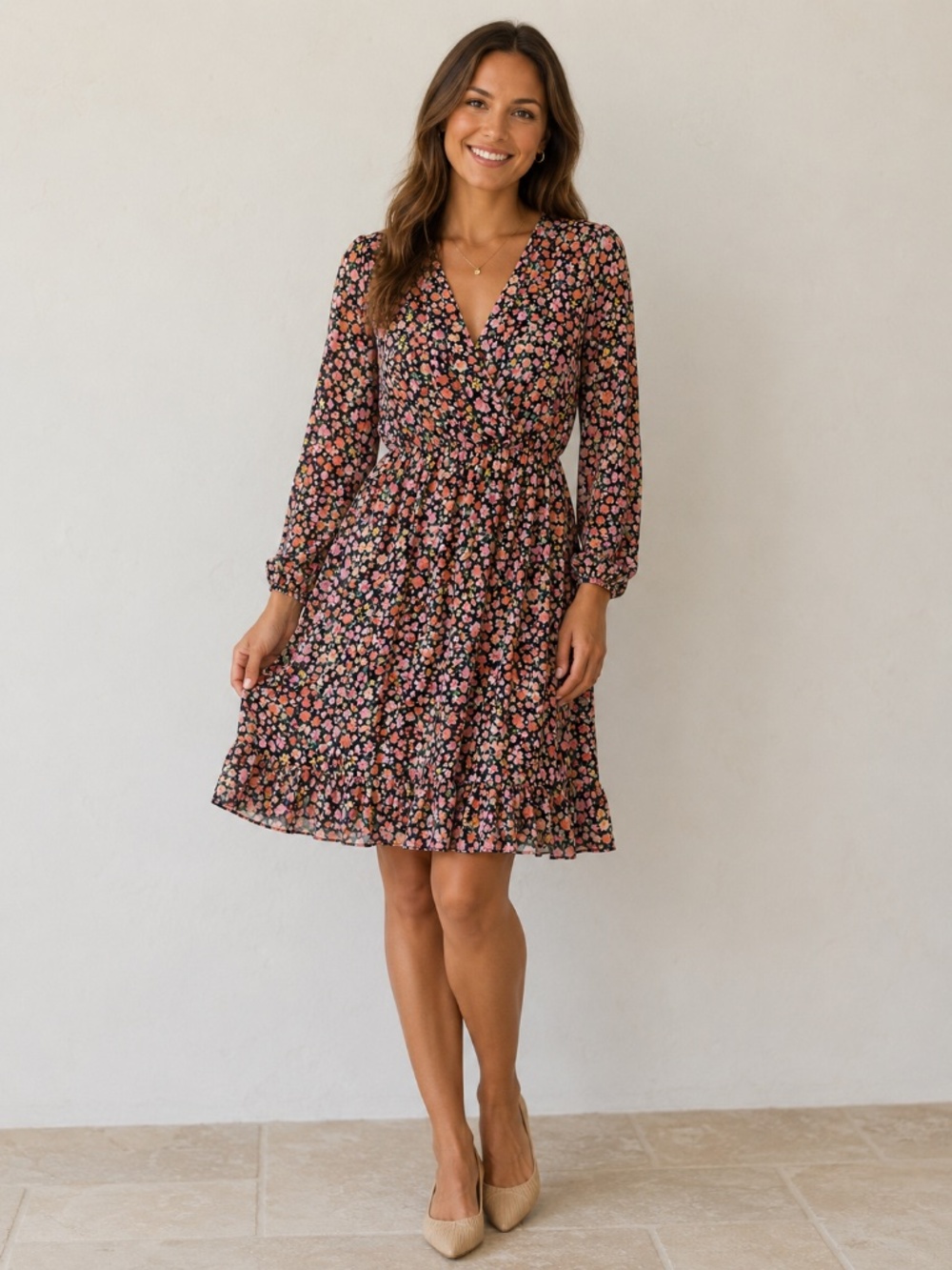 NWT dress XL dark florals faux wrap tiered cottage core balloon sleeve office